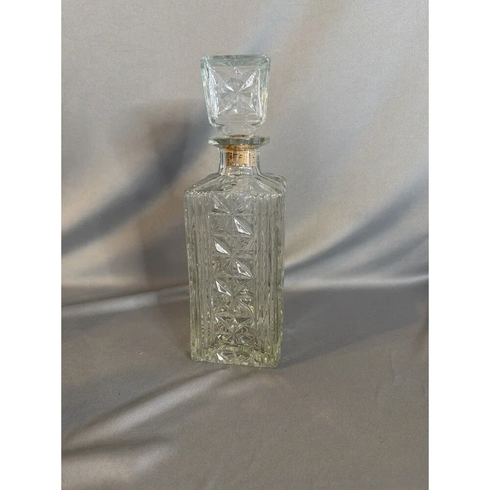 Vintage Glass Liquor Decanter Square Starburst Pattern w Stopper 9”